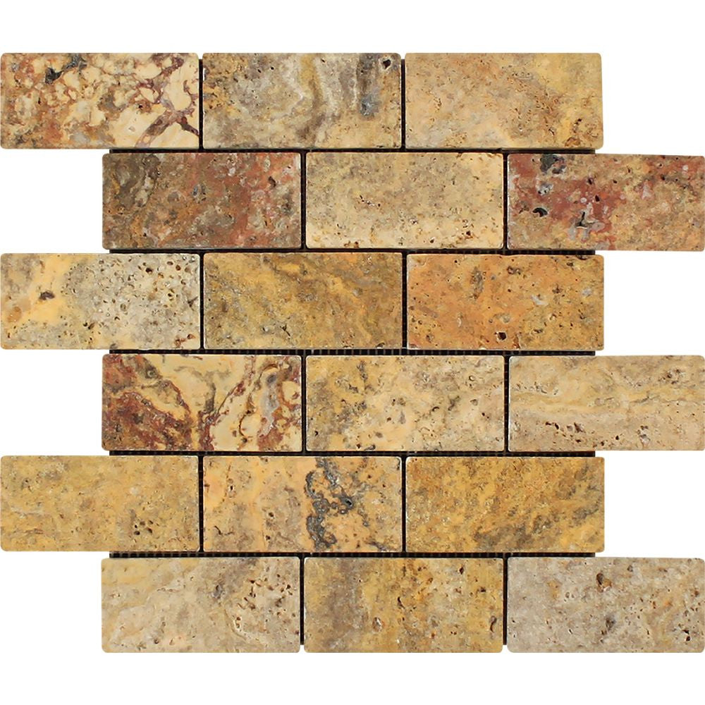2 x 4 Tumbled Scabos Travertine Brick Mosaic Tile - Tilephile