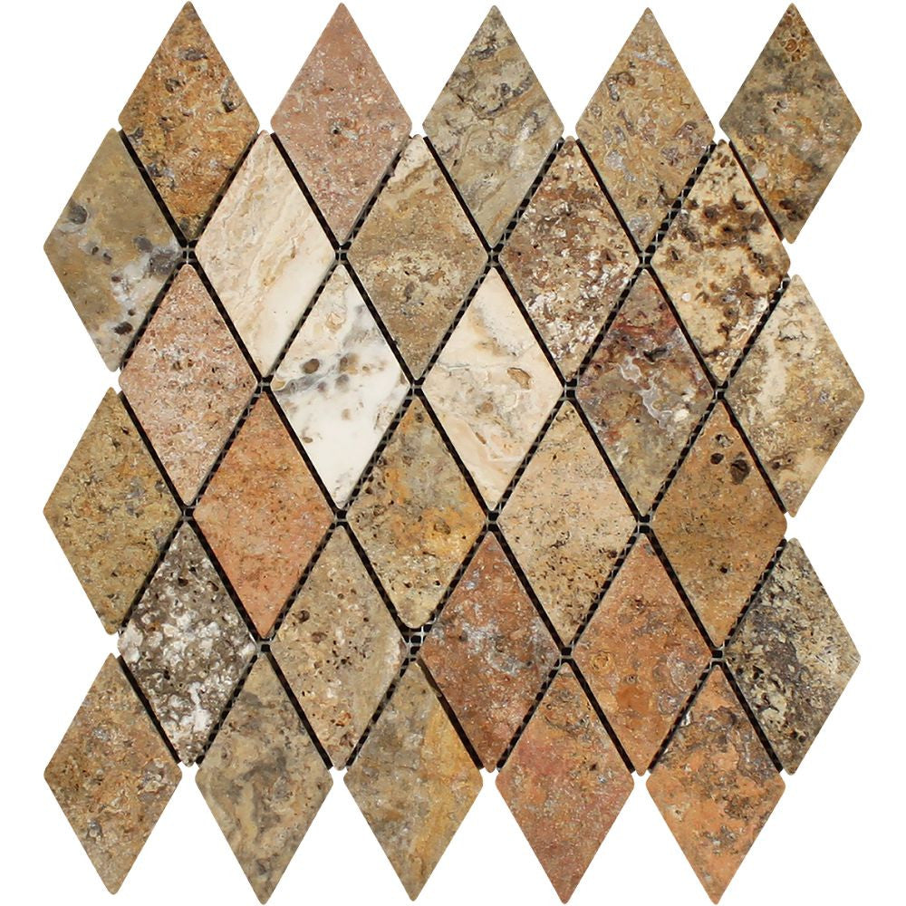 2 x 4 Tumbled Scabos Travertine Diamond Mosaic Tile Sample - Tilephile