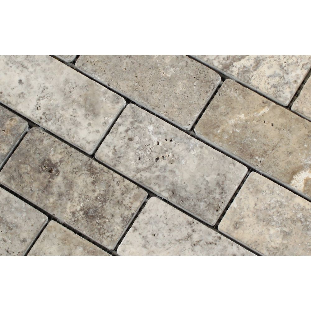 2 x 4 Tumbled Silver Travertine Brick Mosaic Tile - Tilephile