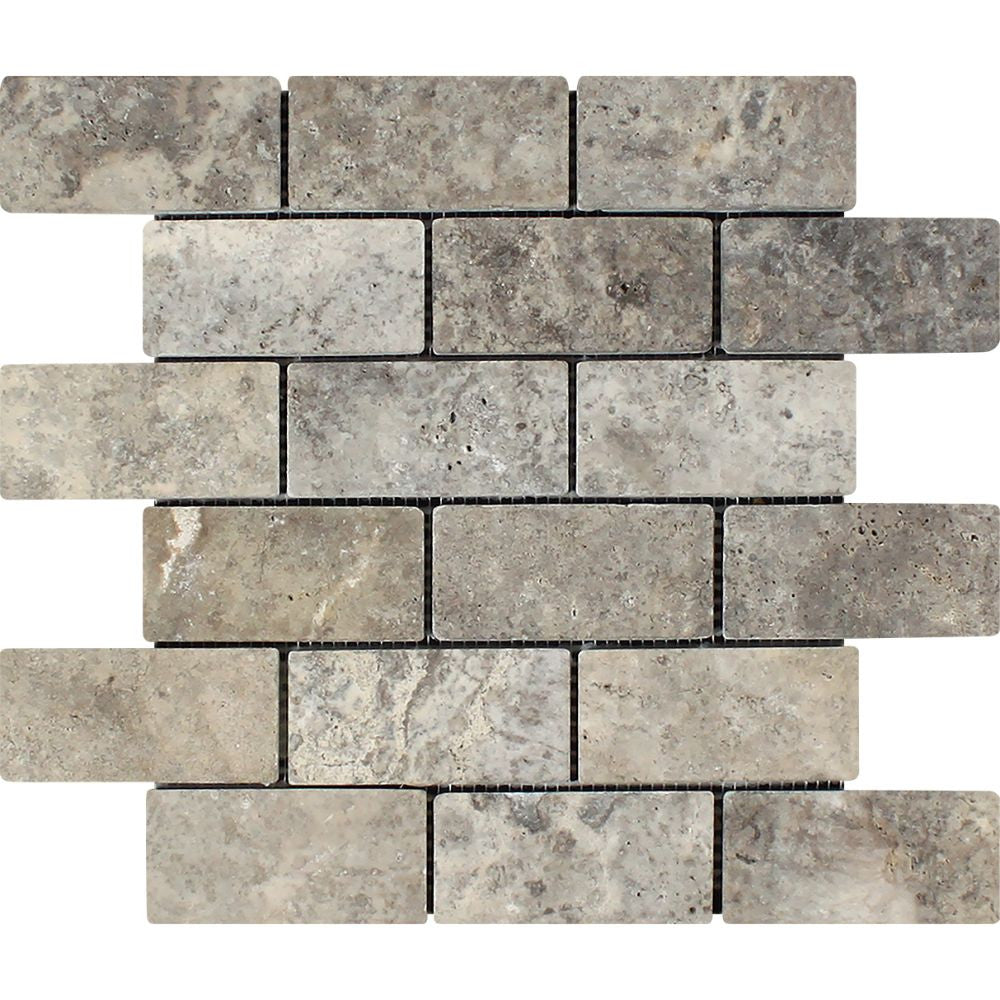2 x 4 Tumbled Silver Travertine Brick Mosaic Tile - Tilephile