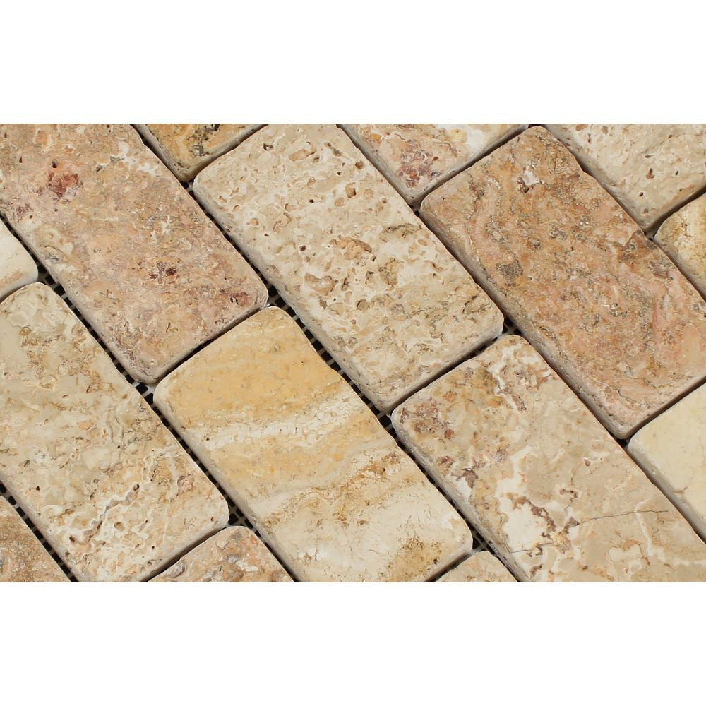 2 x 4 Tumbled Valencia Travertine Brick Mosaic Tile - Tilephile
