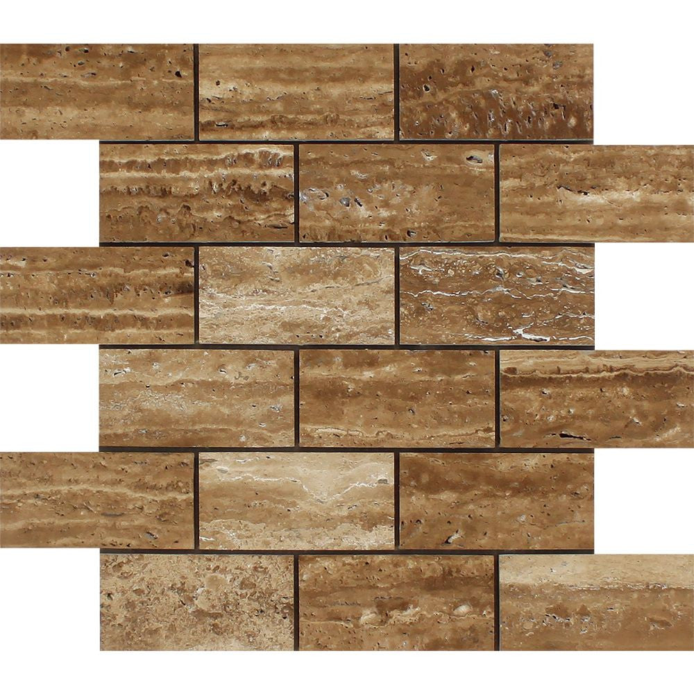 2 x 4 Unfilled, Brushed Noce Exotic (Vein-Cut) Travertine Brick Mosaic Tile - Tilephile