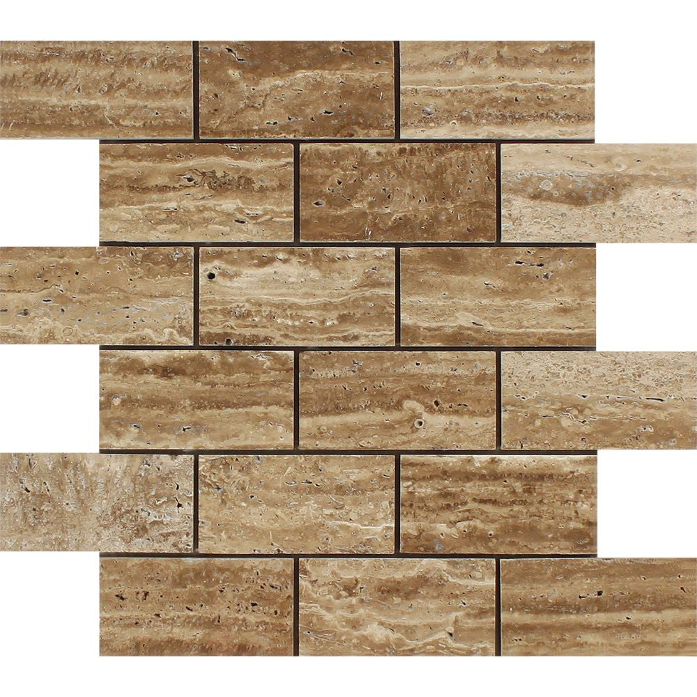 2 x 4 Unfilled, Polished Noce Exotic (Vein-Cut) Travertine Brick Mosaic Tile - Tilephile