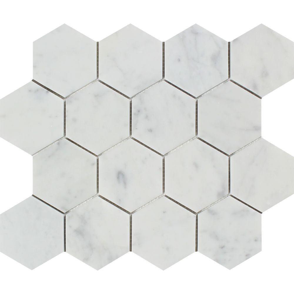 3 x 3 Honed Bianco Carrara Marble Hexagon Mosaic Tile Sample - Tilephile