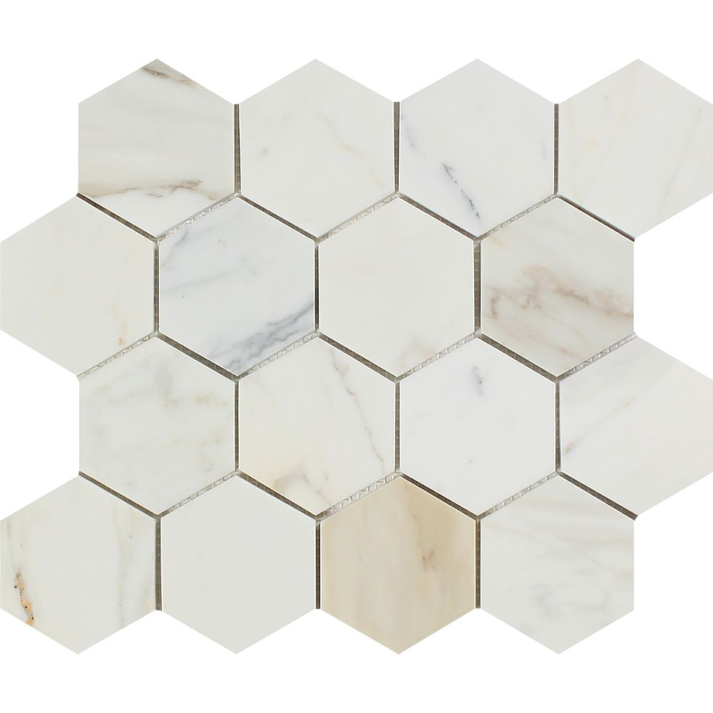 3 x 3 Honed Calacatta Gold Marble Hexagon Mosaic Tile Sample - Tilephile