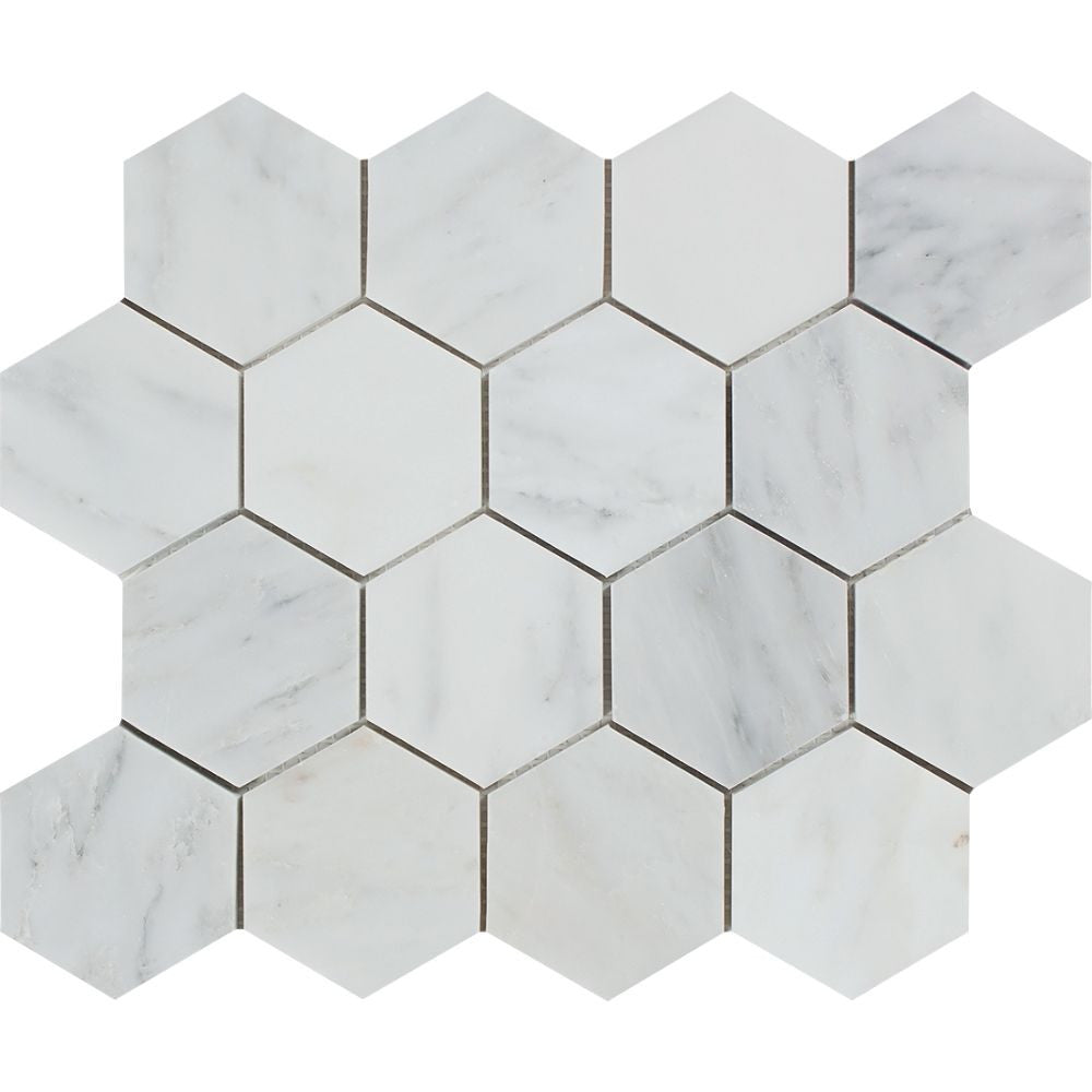 3 x 3 Honed Oriental White Marble Hexagon Mosaic Tile Sample - Tilephile