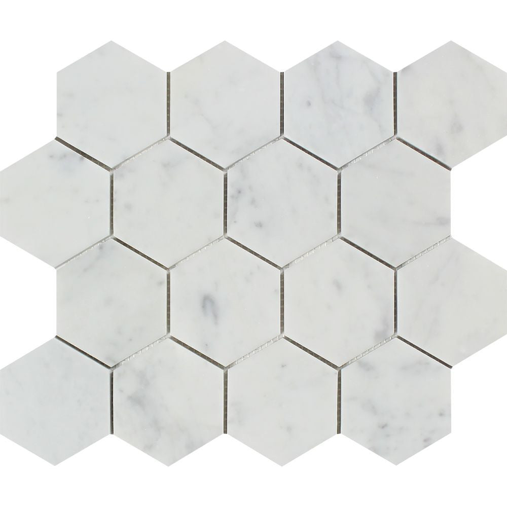 3 x 3 Polished Bianco Carrara Marble Hexagon Mosaic Tile - Tilephile