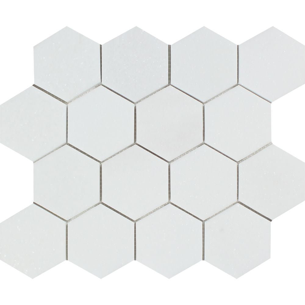 3 x 3 Polished Thassos White Marble Hexagon Mosaic Tile - Tilephile