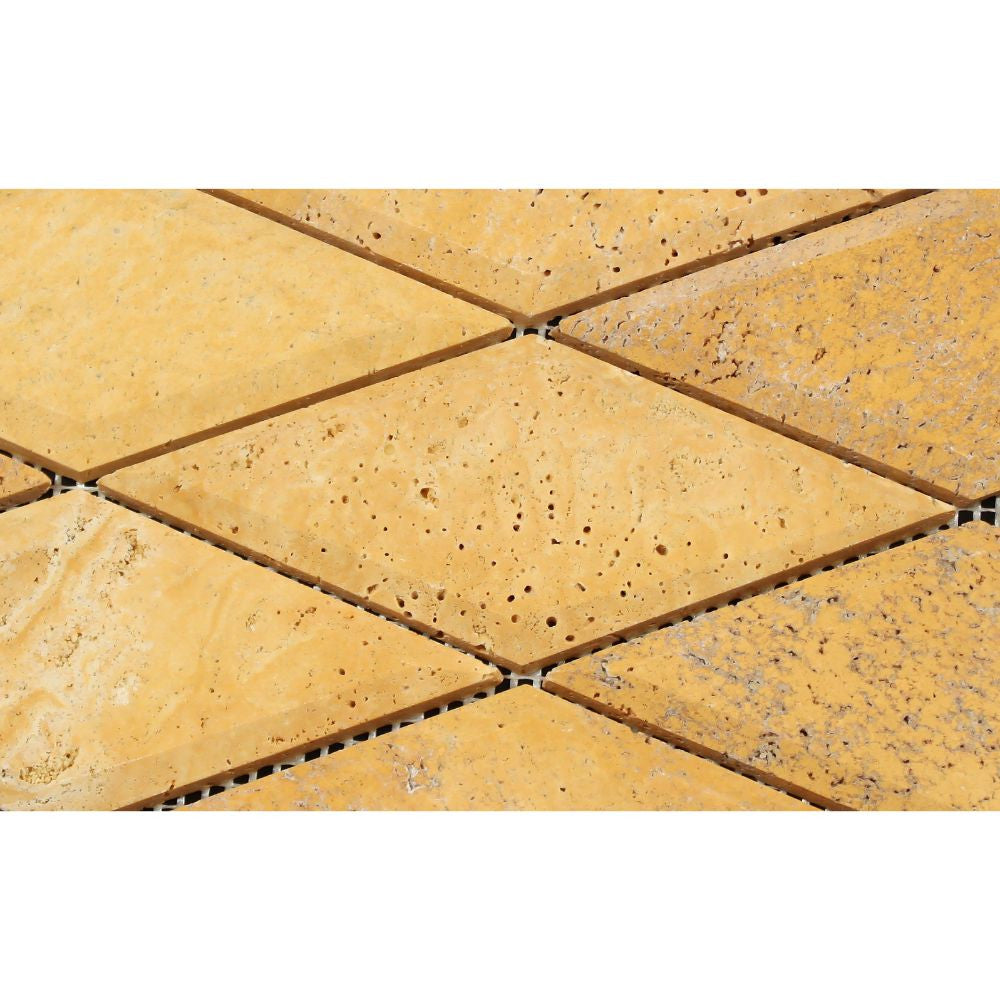 3 x 6 Honed Gold Travertine Deep-Beveled Diamond Mosaic Tile - Tilephile