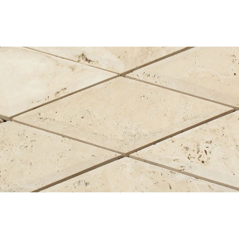 3 x 6 Honed Ivory Travertine Deep-Beveled Diamond Mosaic Tile - Tilephile