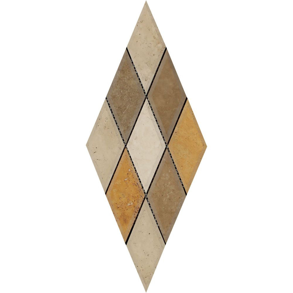 3 x 6 Honed Mixed Travertine Deep-Beveled Diamond Mosaic Tile (Ivory + Noce + Gold) - Tilephile