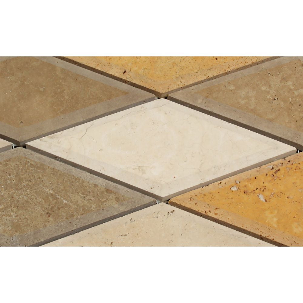 3 x 6 Honed Mixed Travertine Deep-Beveled Diamond Mosaic Tile (Ivory + Noce + Gold) - Tilephile