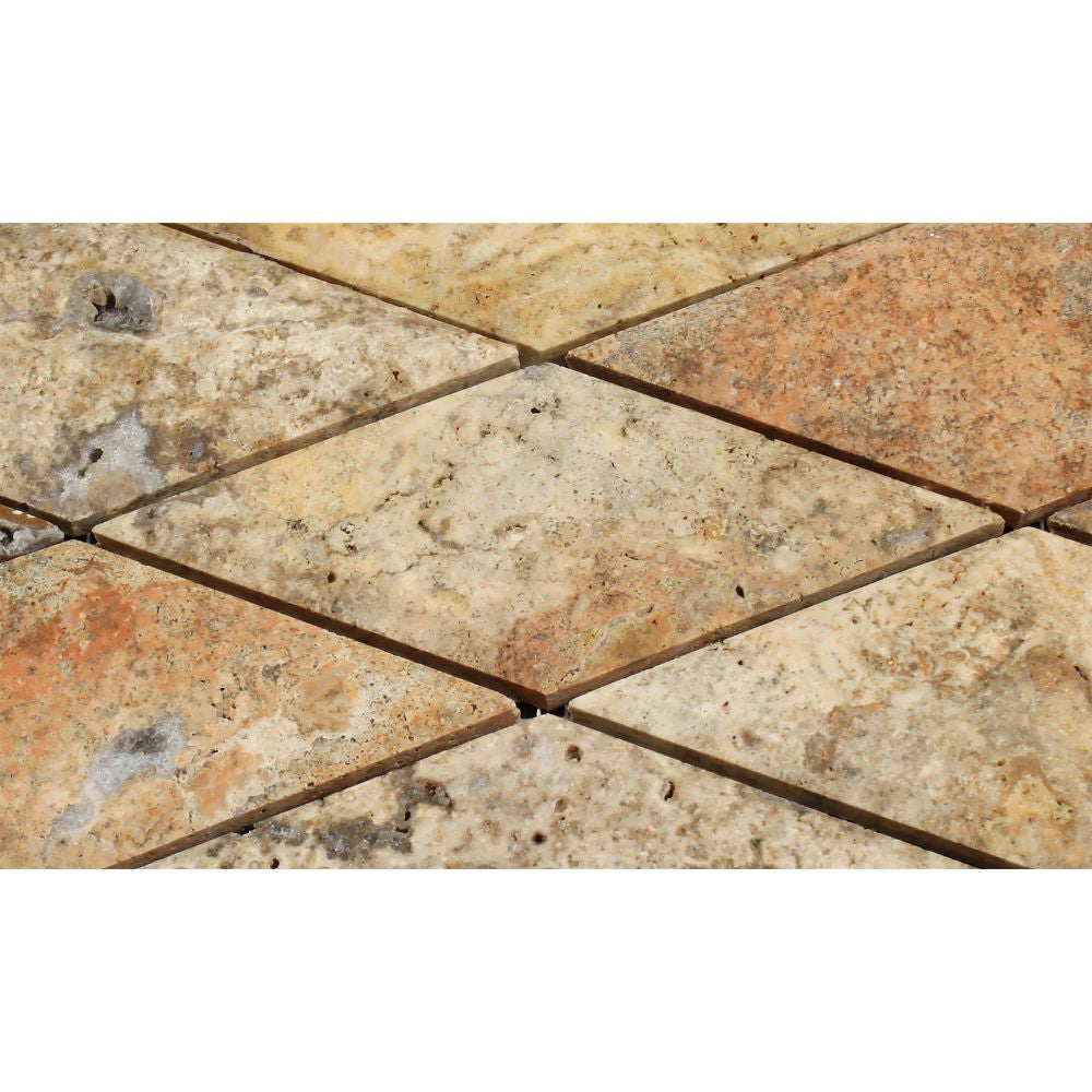 3 x 6 Honed Scabos Travertine Deep-Beveled Diamond Mosaic Tile - Tilephile