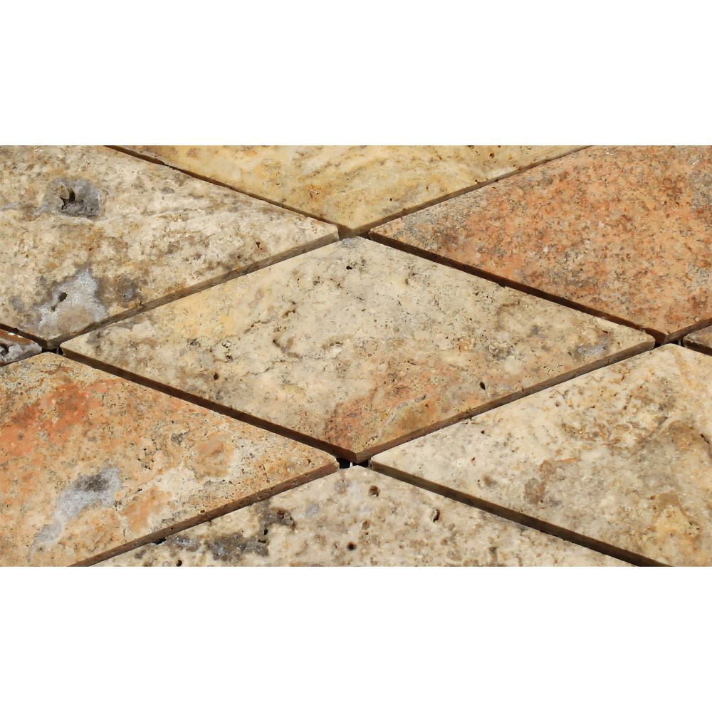 3 x 6 Polished Scabos Travertine Deep-Beveled Diamond Mosaic Tile - Tilephile
