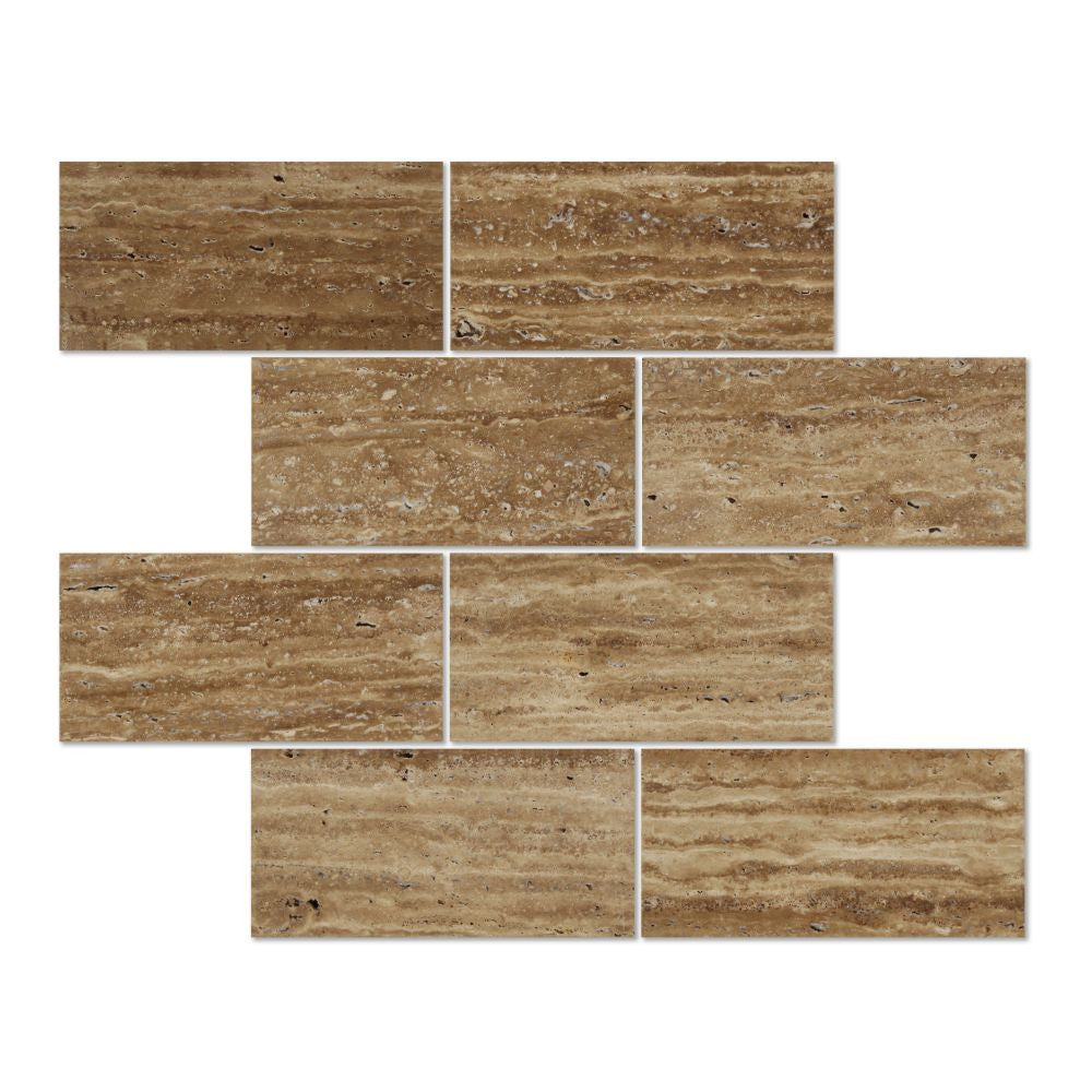 3 x 6 Unfilled, Polished Noce Exotic (Vein-Cut) Travertine Tile - Tilephile