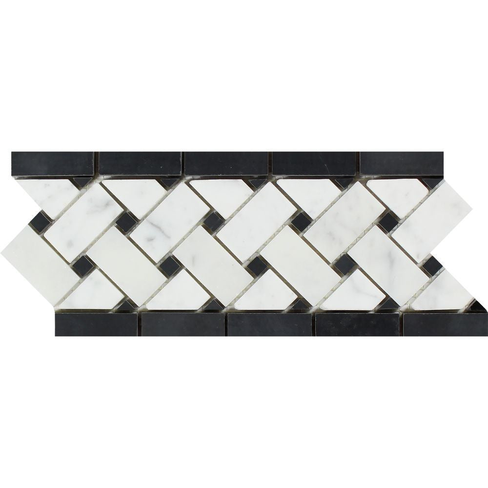 4 3/4 x 12 Honed Bianco Carrara Marble Basketweave Border w/ Black Dots - Tilephile