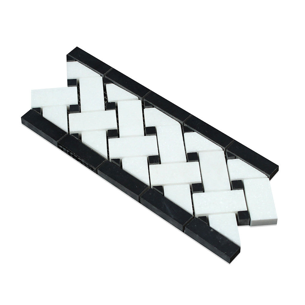 4 3/4 x 12 Honed Thassos White Marble Basketweave Border w/ Black Dots - Tilephile