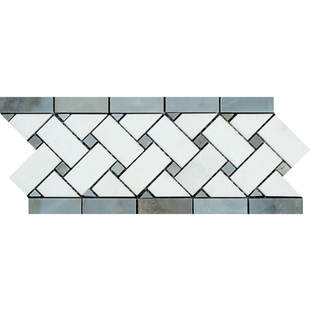 4 3/4 x 12 Honed Thassos White Marble Basketweave Border w/ Blue-Gray Dots - Tilephile