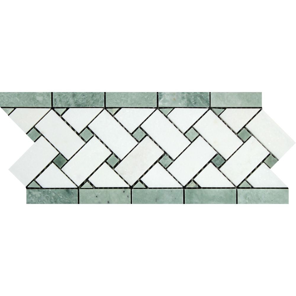4 3/4 x 12 Honed Thassos White Marble Basketweave Border w/ Ming Green Dots - Tilephile