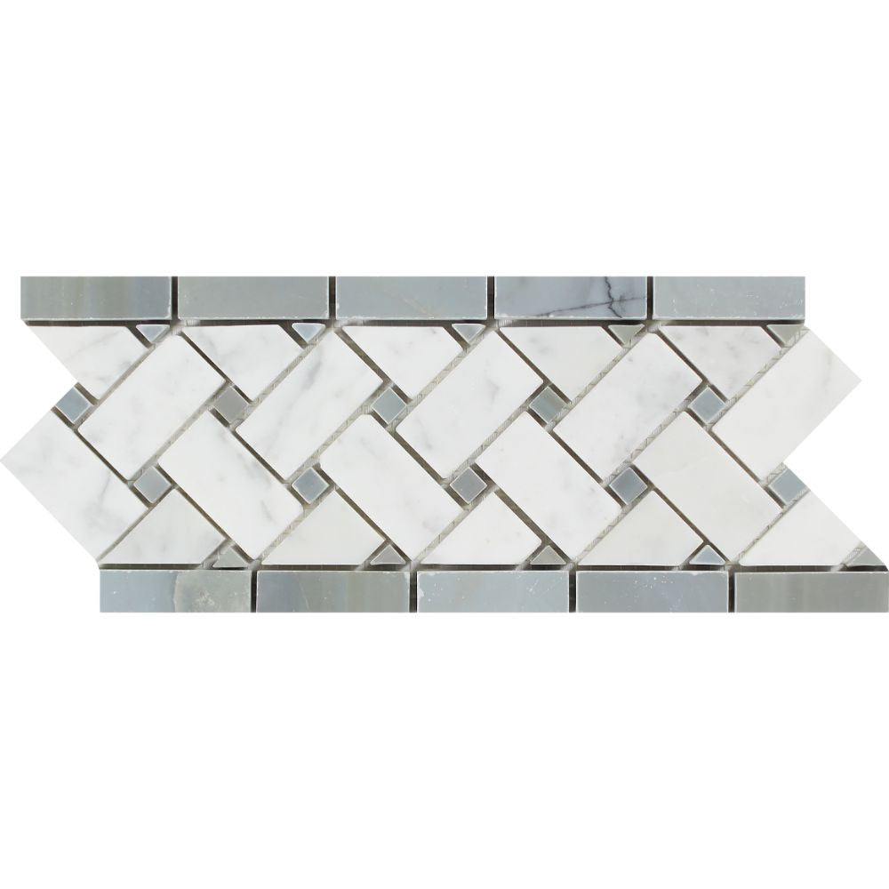 4 3/4 x 12 Polished Bianco Carrara Marble Basketweave Border w/ Blue-Gray Dots - Tilephile