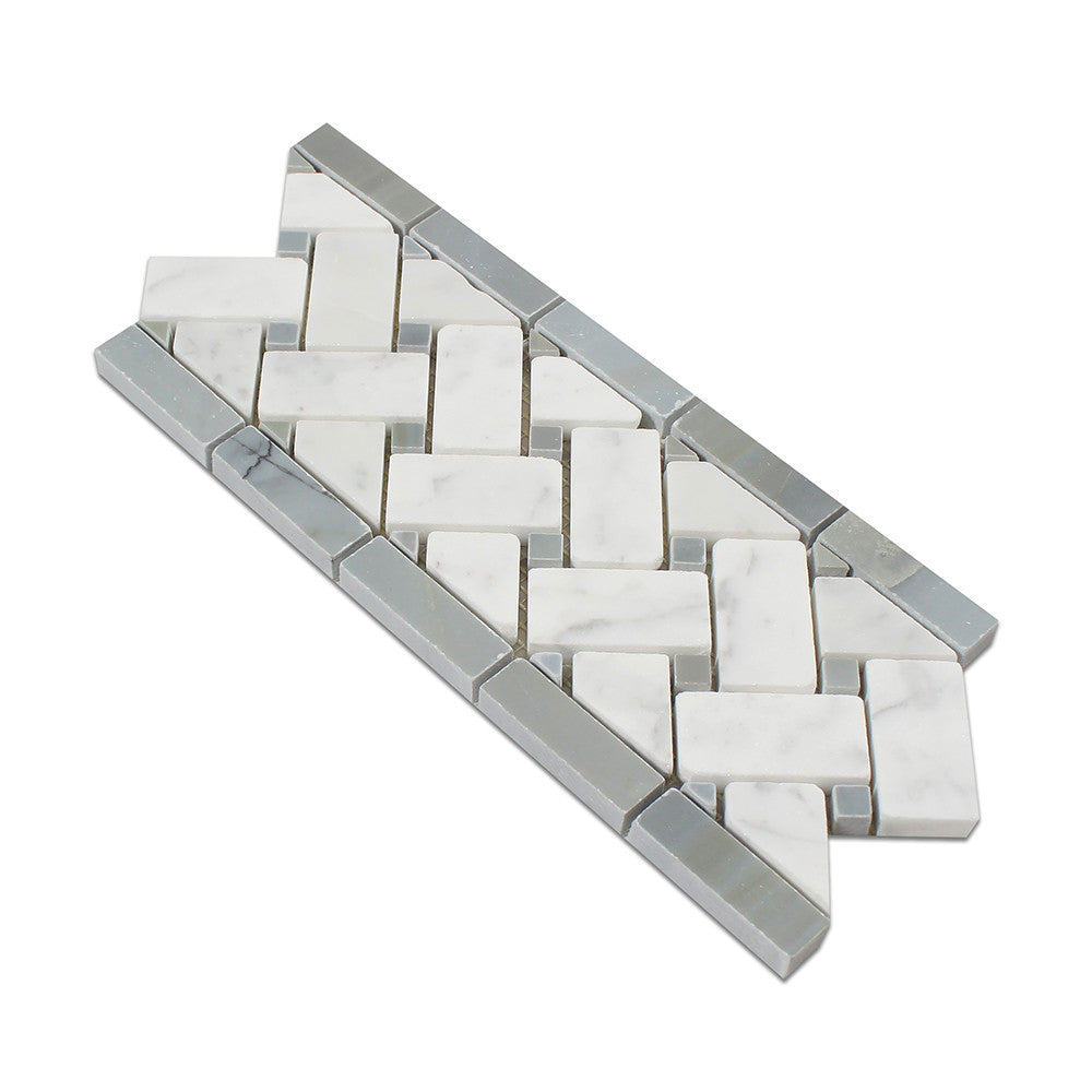 4 3/4 x 12 Polished Bianco Carrara Marble Basketweave Border w/ Blue-Gray Dots - Tilephile