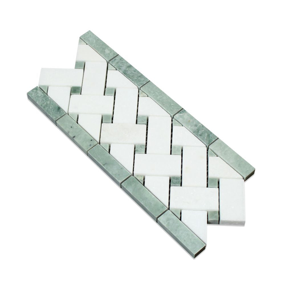 4 3/4 x 12 Polished Thassos White Marble Basketweave Border w/ Ming Green Dots - Tilephile