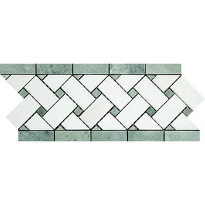 4 3/4 x 12 Polished Thassos White Marble Basketweave Border w/ Ming Green Dots - Tilephile