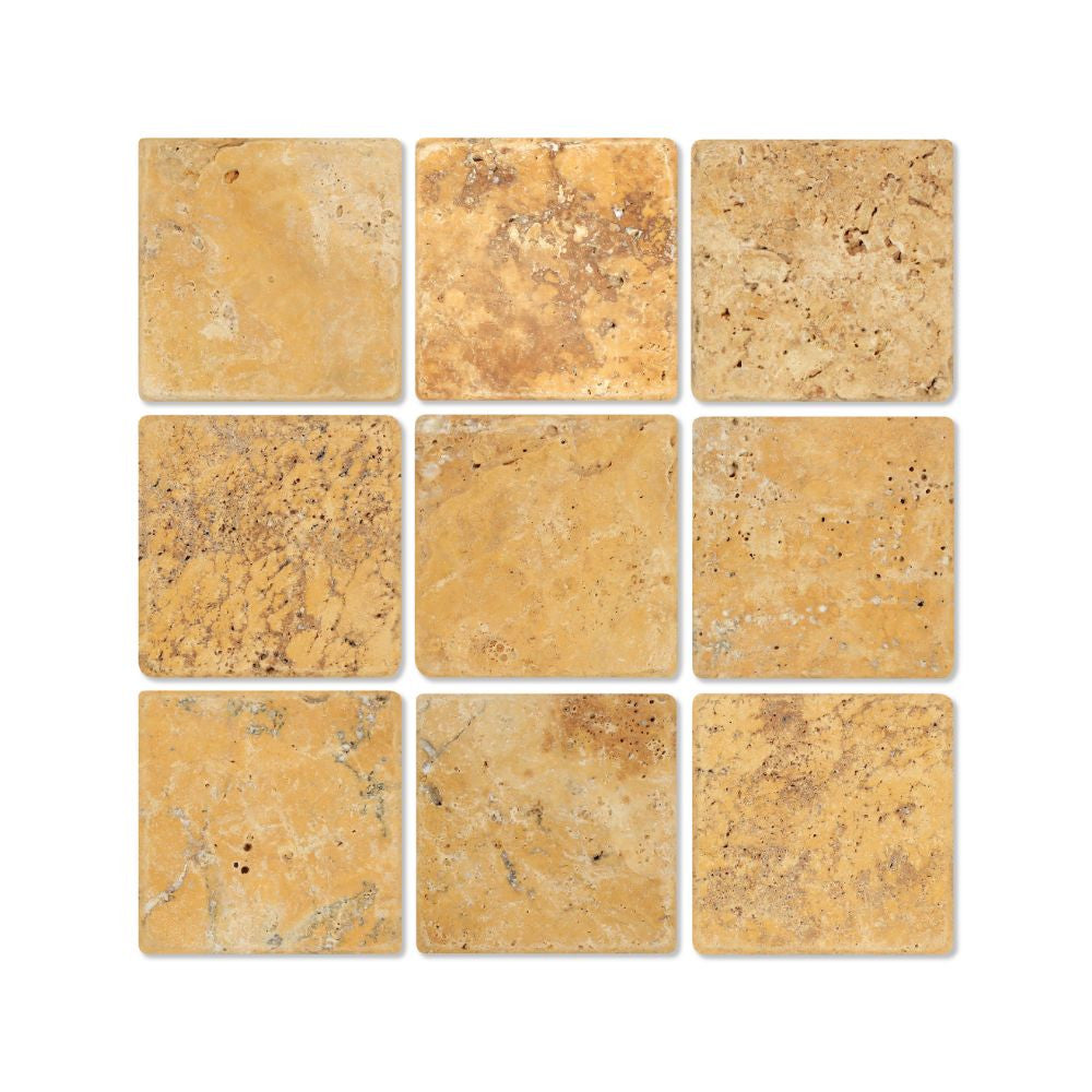 4 x 4 Tumbled Gold Travertine Tile - Tilephile
