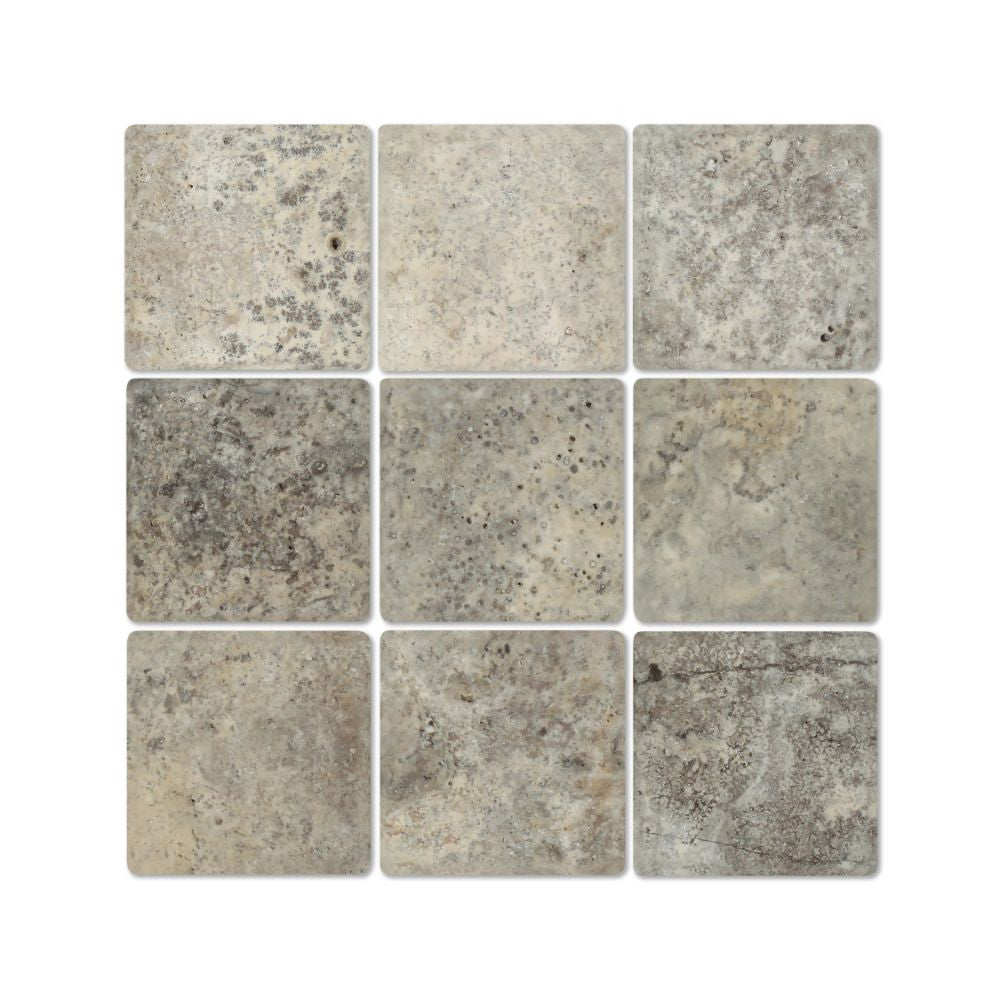 4 x 4 Tumbled Silver Travertine Tile - Tilephile