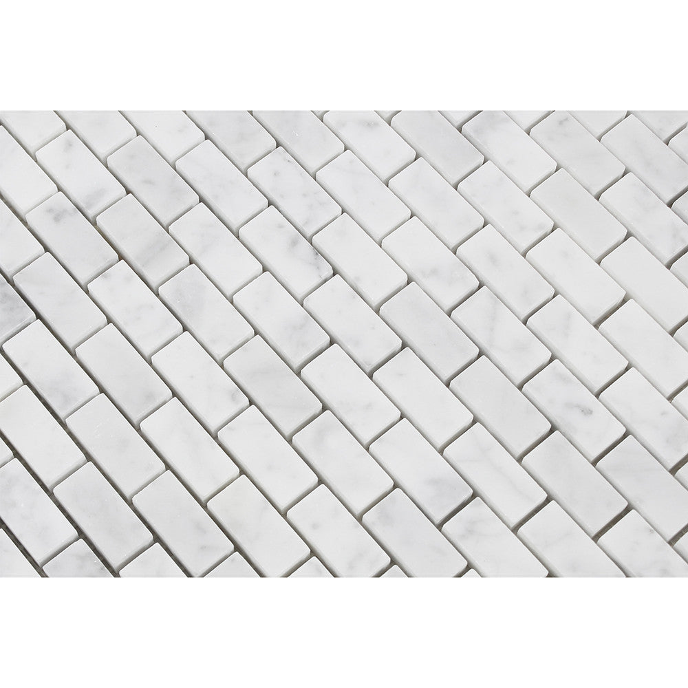 5/8 x 1 1/4 Honed Bianco Carrara Marble Baby Brick Mosaic Tile - Tilephile