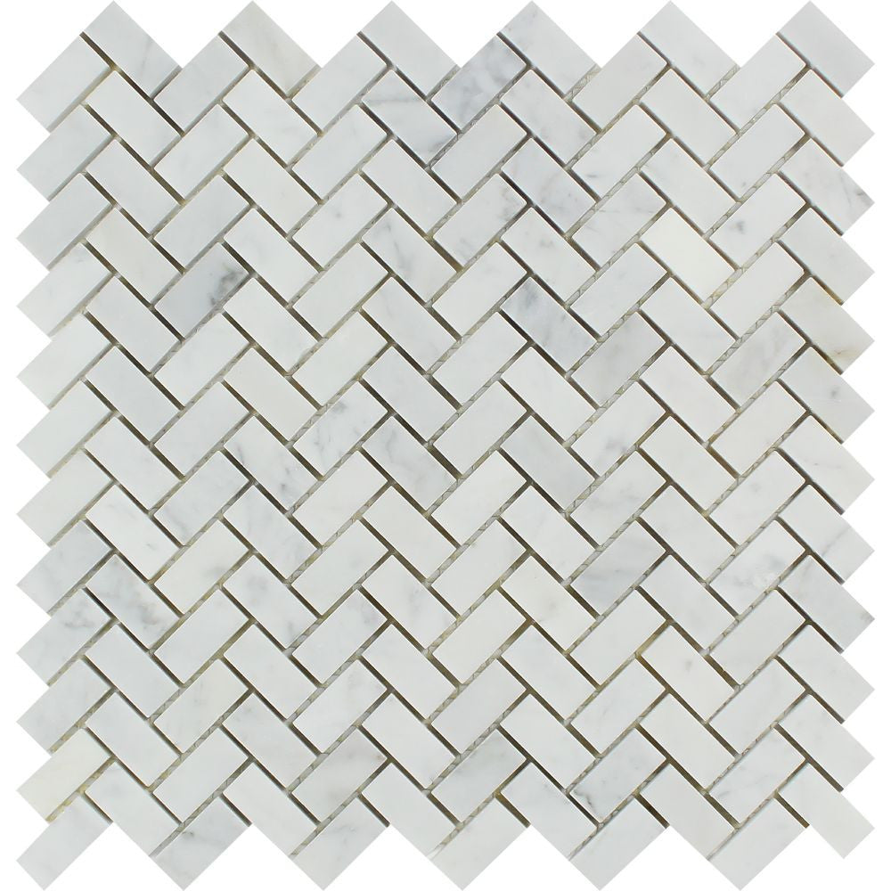 5/8 x 1 1/4 Honed Bianco Carrara Marble Mini Herringbone Mosaic Tile Sample - Tilephile