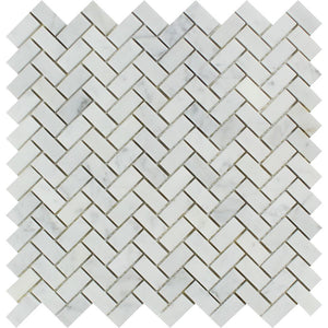 5/8 x 1 1/4 Honed Bianco Carrara Marble Mini Herringbone Mosaic Tile - Tilephile