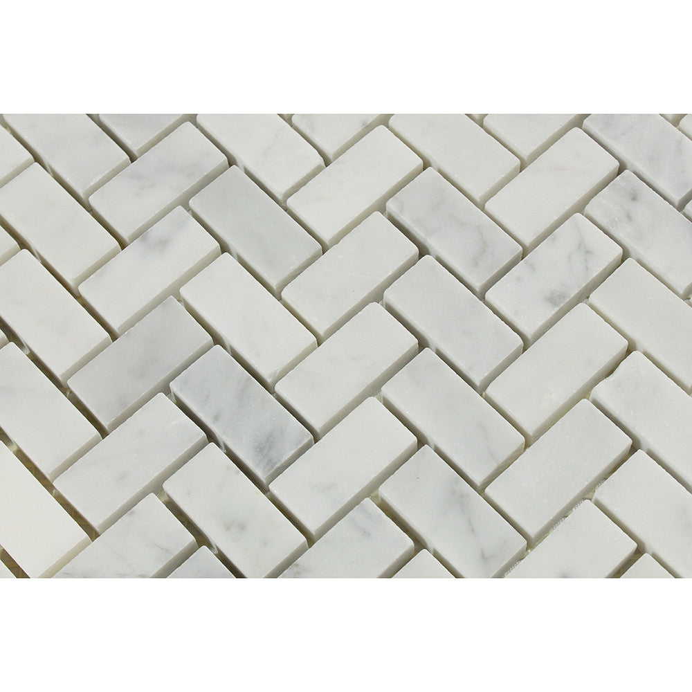 5/8 x 1 1/4 Honed Bianco Carrara Marble Mini Herringbone Mosaic Tile - Tilephile