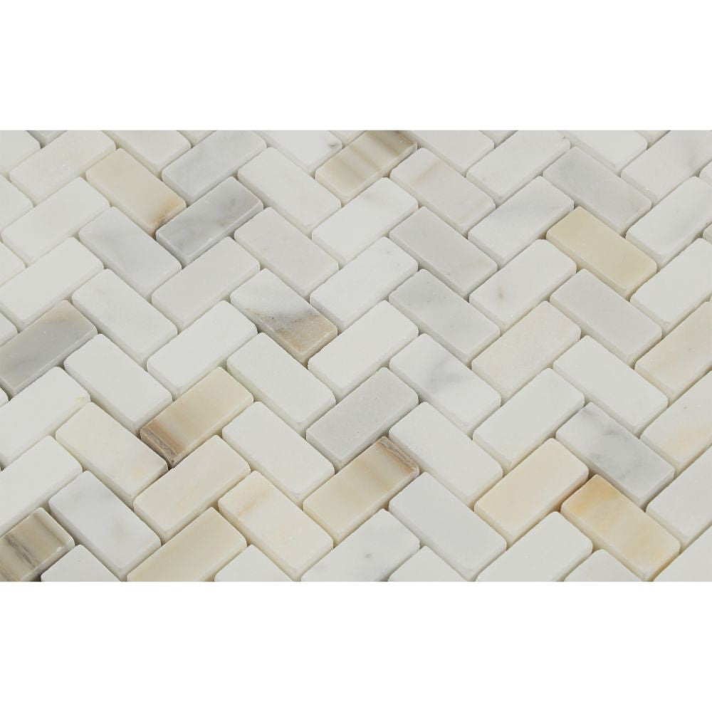 5/8 x 1 1/4 Honed Calacatta Gold Marble Mini Herringbone Mosaic Tile - Tilephile