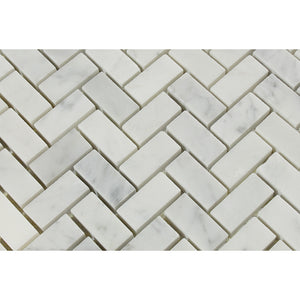 5/8 x 1 1/4 Polished Bianco Carrara Marble Mini Herringbone Mosaic Tile - Tilephile