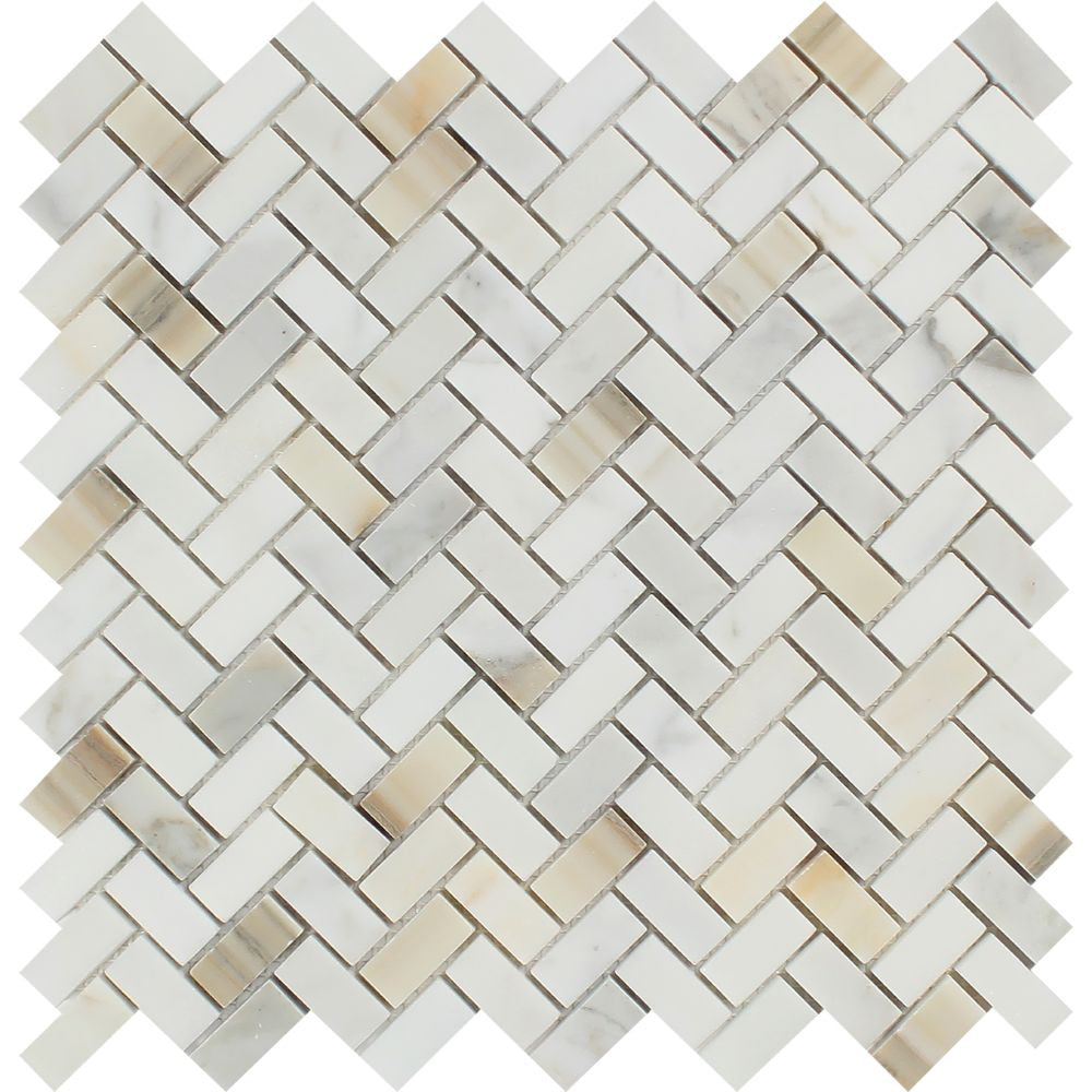 5/8 x 1 1/4 Polished Calacatta Gold Marble Mini Herringbone Mosaic Tile Sample - Tilephile