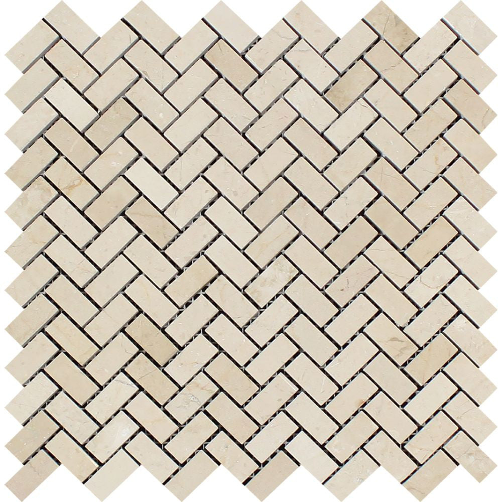 5/8 x 1 1/4 Polished Crema Marfil Marble Herringbone Mosaic Tile Sample - Tilephile