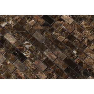 5/8 x 1 1/4 Polished Emperador Dark Marble Baby Brick Mosaic Tile - Tilephile