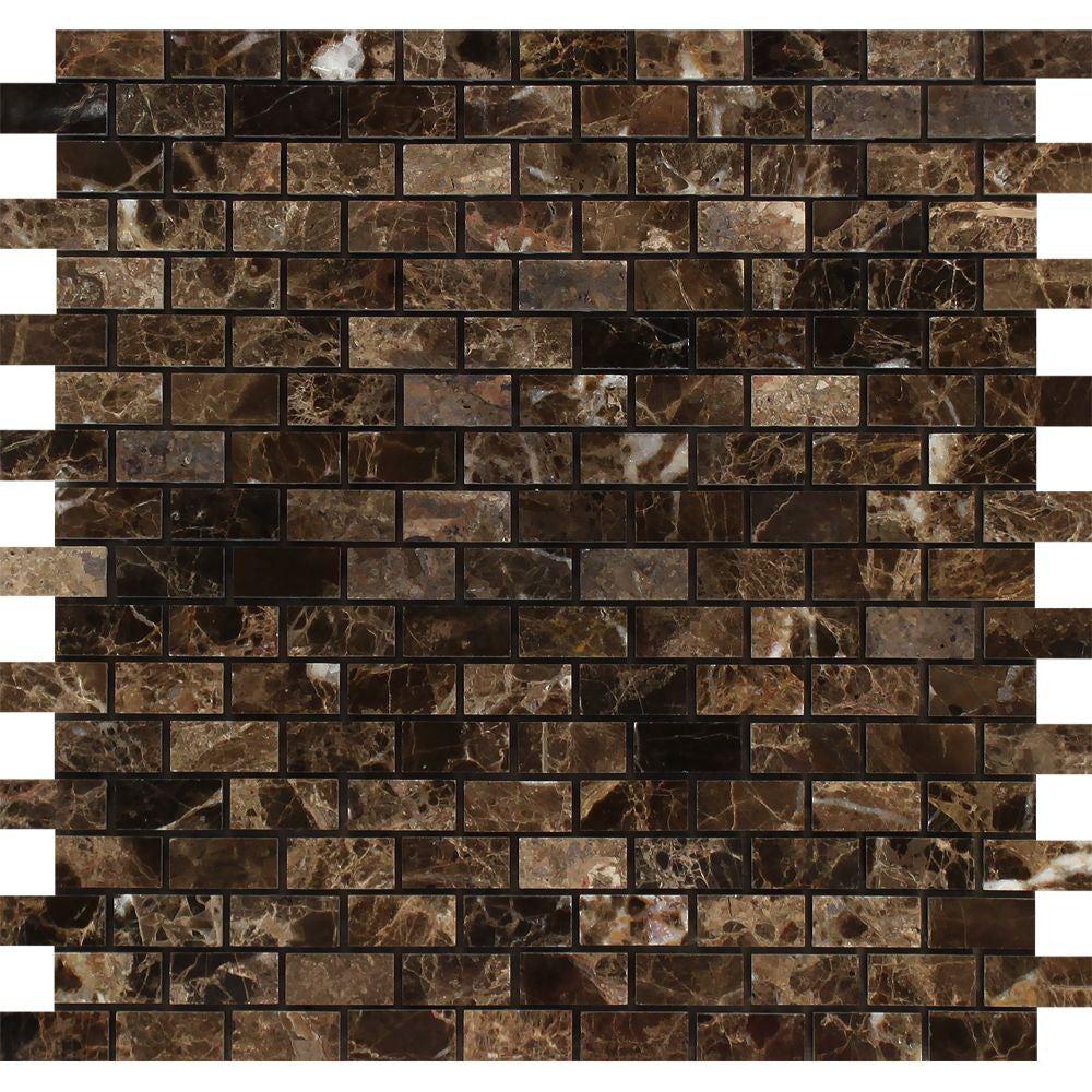 5/8 x 1 1/4 Polished Emperador Dark Marble Baby Brick Mosaic Tile - Tilephile