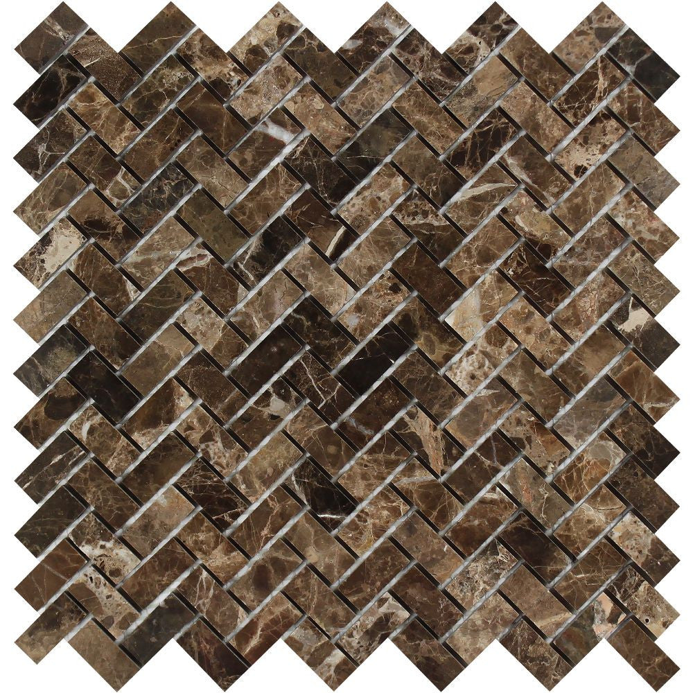 5/8 x 1 1/4 Polished Emperador Dark Marble Mini Herringbone Mosaic Tile - Tilephile