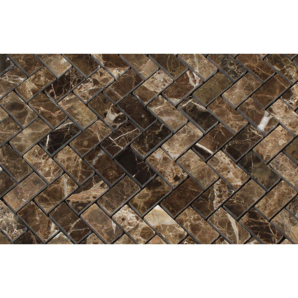 5/8 x 1 1/4 Polished Emperador Dark Marble Mini Herringbone Mosaic Tile - Tilephile