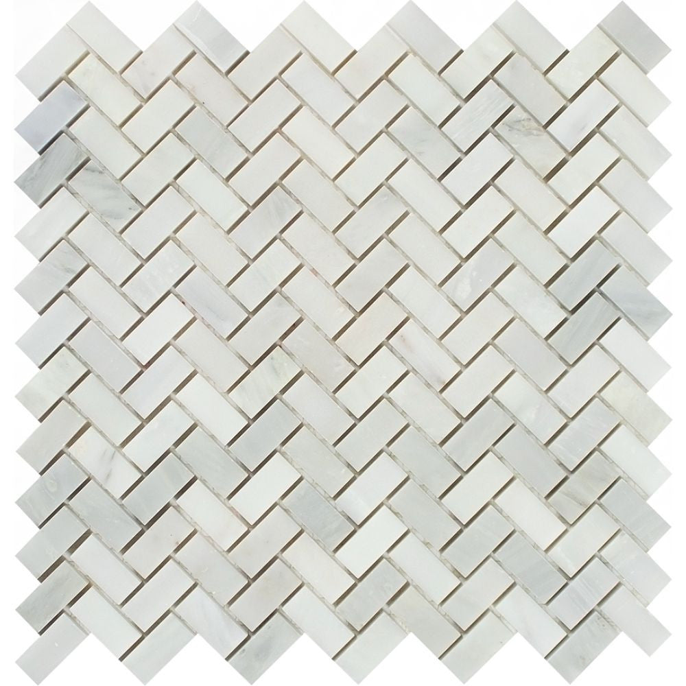 5/8 x 1 1/4 Polished Oriental White Marble Mini Herringbone Mosaic Tile - Tilephile