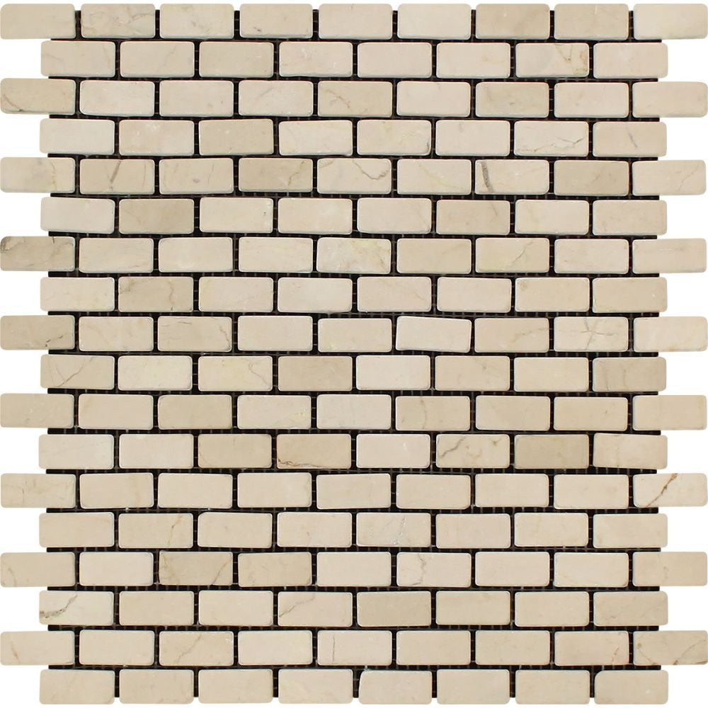 5/8 x 1 1/4 Tumbled Crema Marfil Marble Baby Brick Mosaic Tile - Tilephile