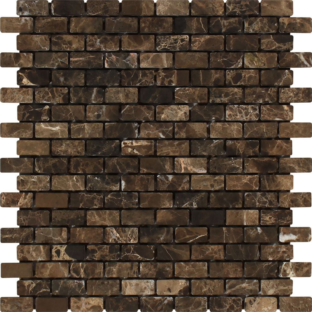 5/8 x 1 1/4 Tumbled Emperador Dark Marble Baby Brick Mosaic Tile - Tilephile