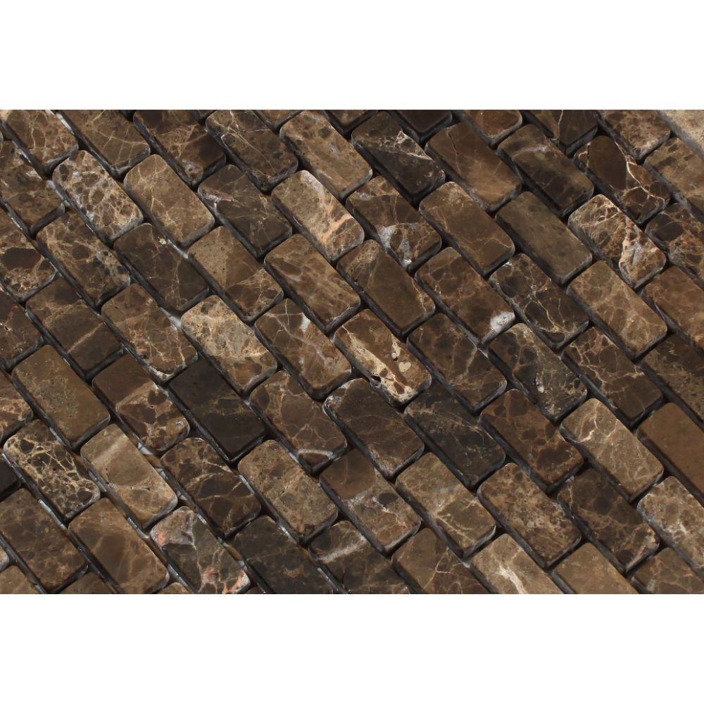 5/8 x 1 1/4 Tumbled Emperador Dark Marble Baby Brick Mosaic Tile - Tilephile