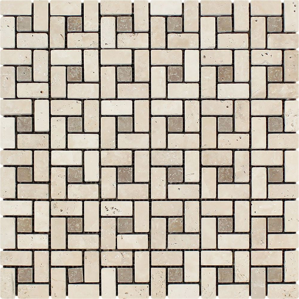 5/8 x 1 1/4 Tumbled Ivory Travertine Mini Pinwheel Mosaic Tile w/ Noce Dots Sample - Tilephile