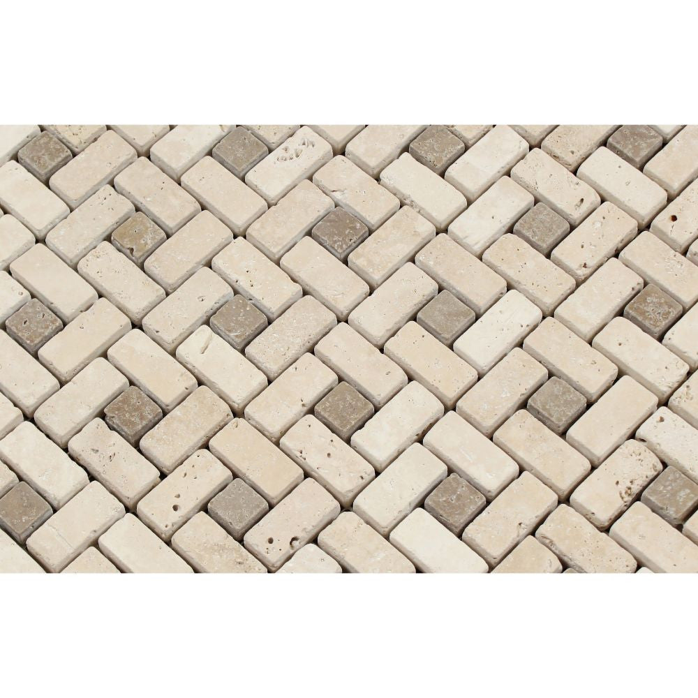 5/8 x 1 1/4 Tumbled Ivory Travertine Mini Pinwheel Mosaic Tile w/ Noce Dots - Tilephile