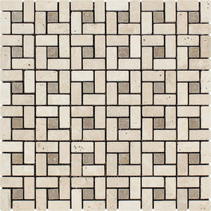 5/8 x 1 1/4 Tumbled Ivory Travertine Mini Pinwheel Mosaic Tile w/ Noce Dots - Tilephile