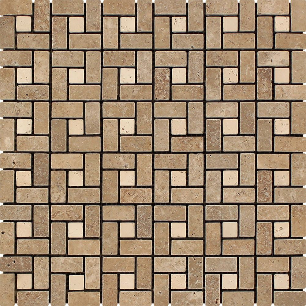 5/8 x 1 1/4 Tumbled Noce Travertine Mini Pinwheel Mosaic Tile w/ Ivory Dots Sample - Tilephile