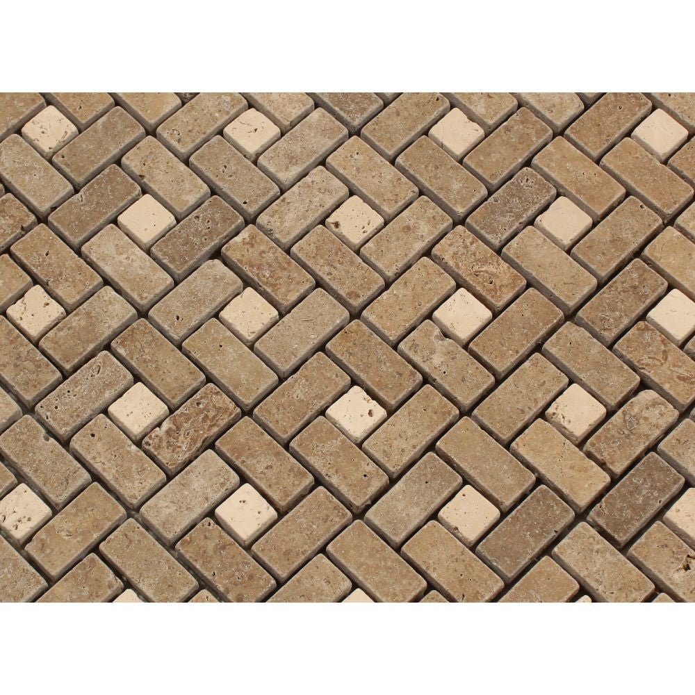 5/8 x 1 1/4 Tumbled Noce Travertine Mini Pinwheel Mosaic Tile w/ Ivory Dots - Tilephile